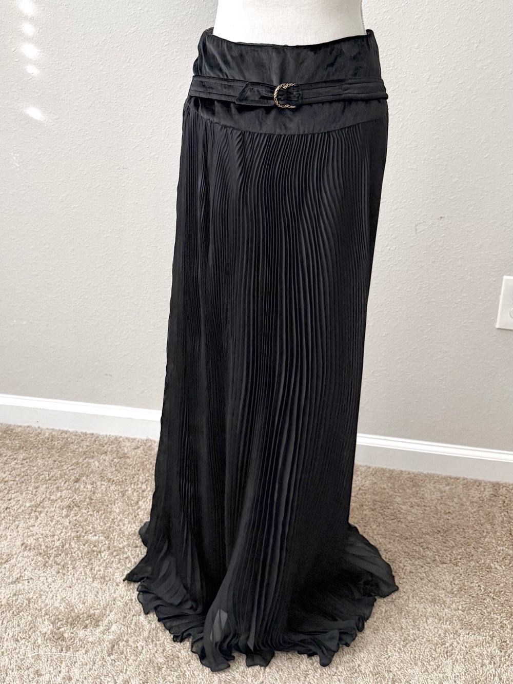 Roberto Cavalli Black Pleated Silk Maxi Skirt Velvet Waist Belted Evening Formal
